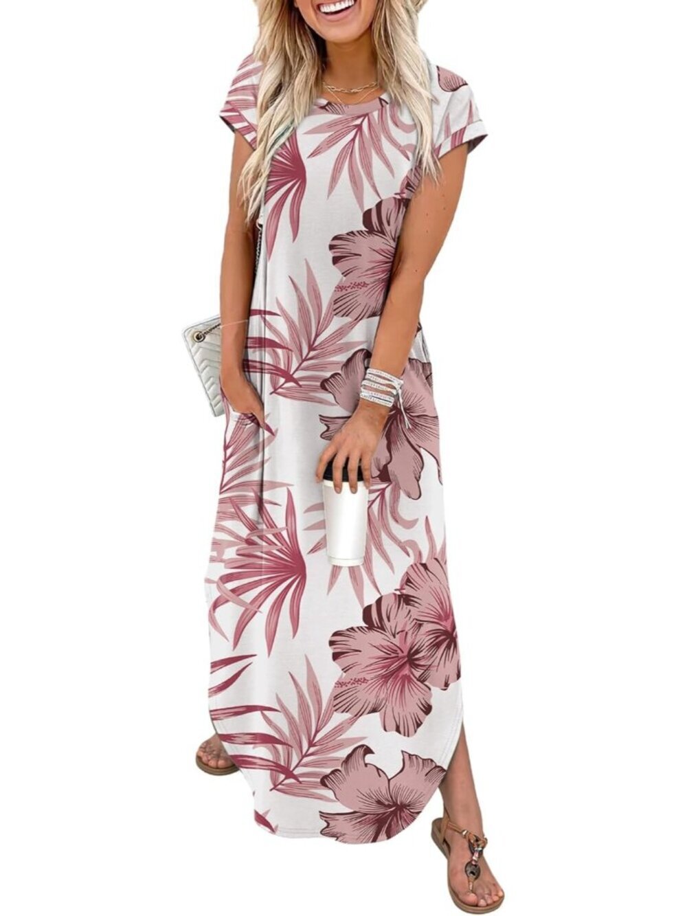 〽️Women Floral Rose Red Cap Sleeve Crewneck Casual Long Summer Pull On Maxi Dres